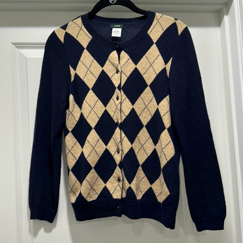 J Crew navy & gold argyle cardigan
